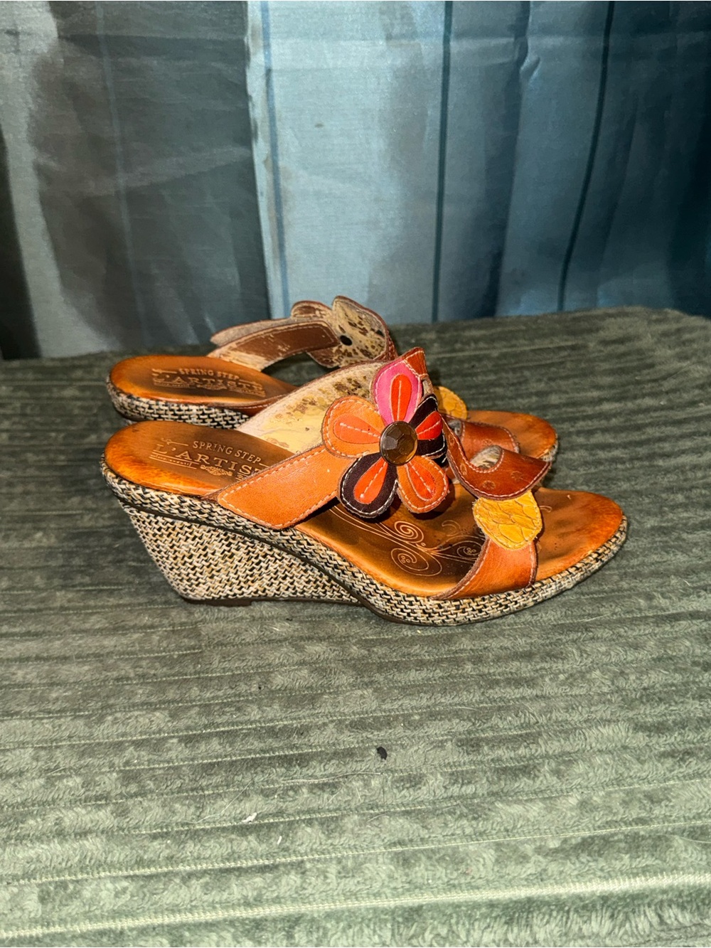 Spring Step L’Artist Tan Leather Wedge Sandals with Floral Accent